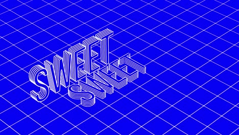 animation of the word sweet in 3d white line text with white grid on blue background