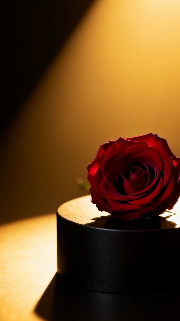 Video verticale: luce mutevole che crea morbidi riflessi sul tavolo per mostrare una rosa rossa su una scatola nera