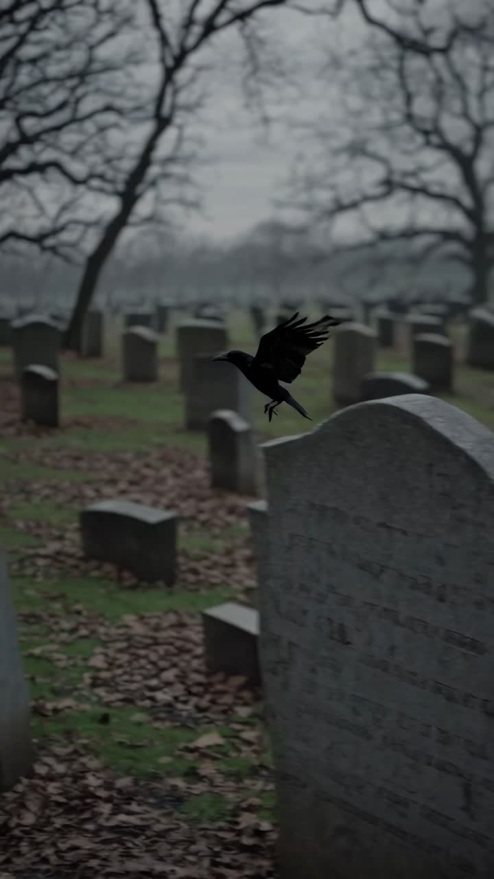 Eerie video concept of a cemetery with tombstones under a cloudy sky