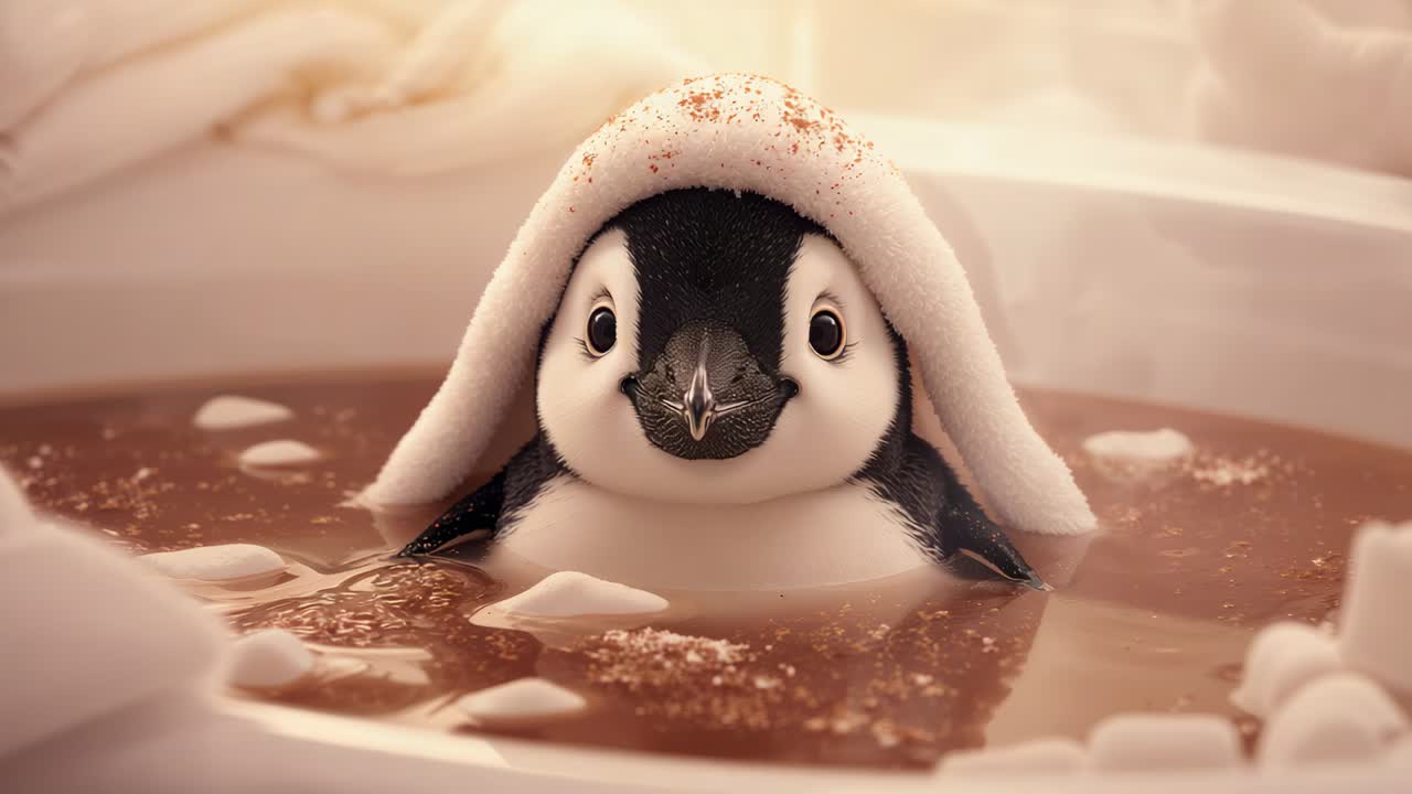 Opening mouth, penguin chick floating in bowl, reacting to cocoa, wearing towel with marshmallows
