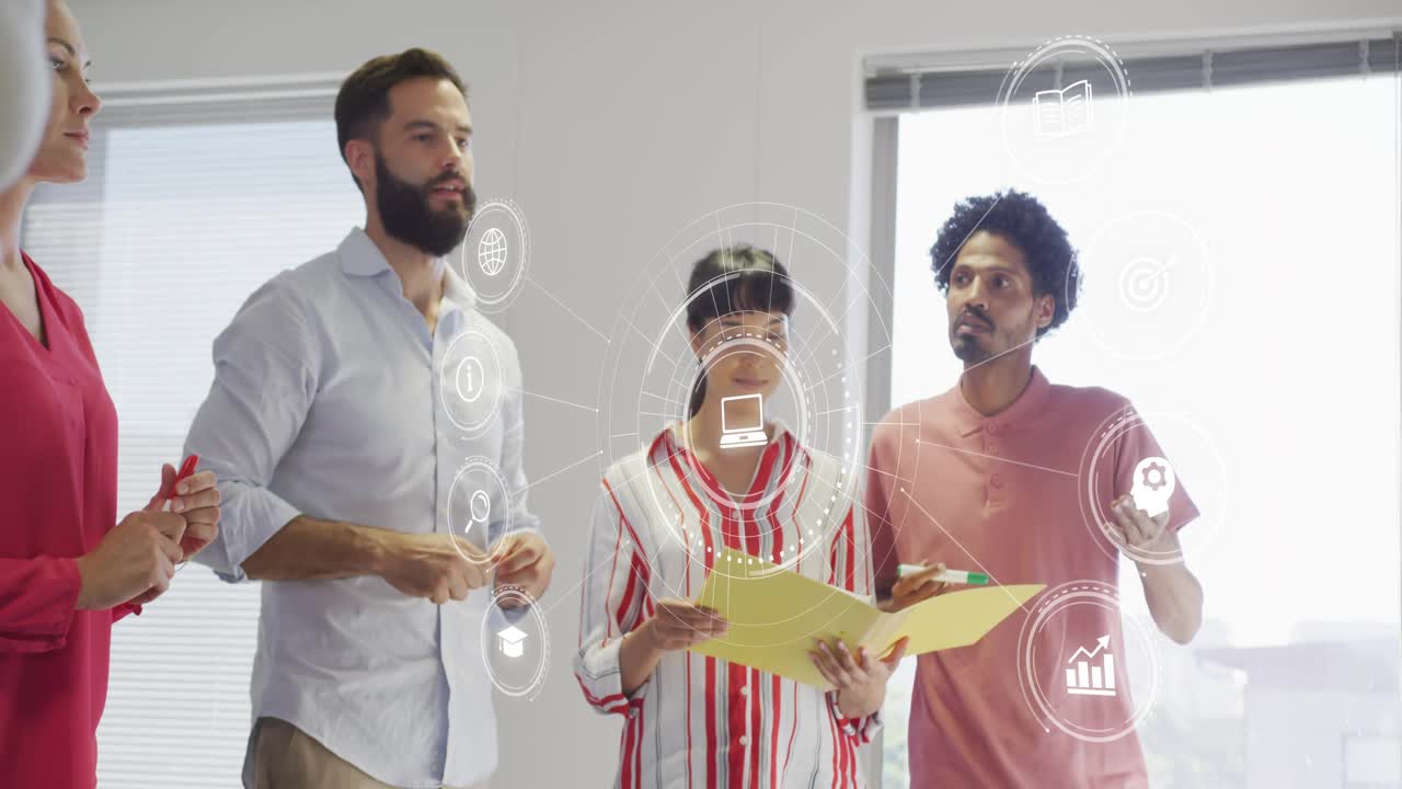 Lead speaking and gesturing in business meeting, HUD marking yellow folder and charts for alignment