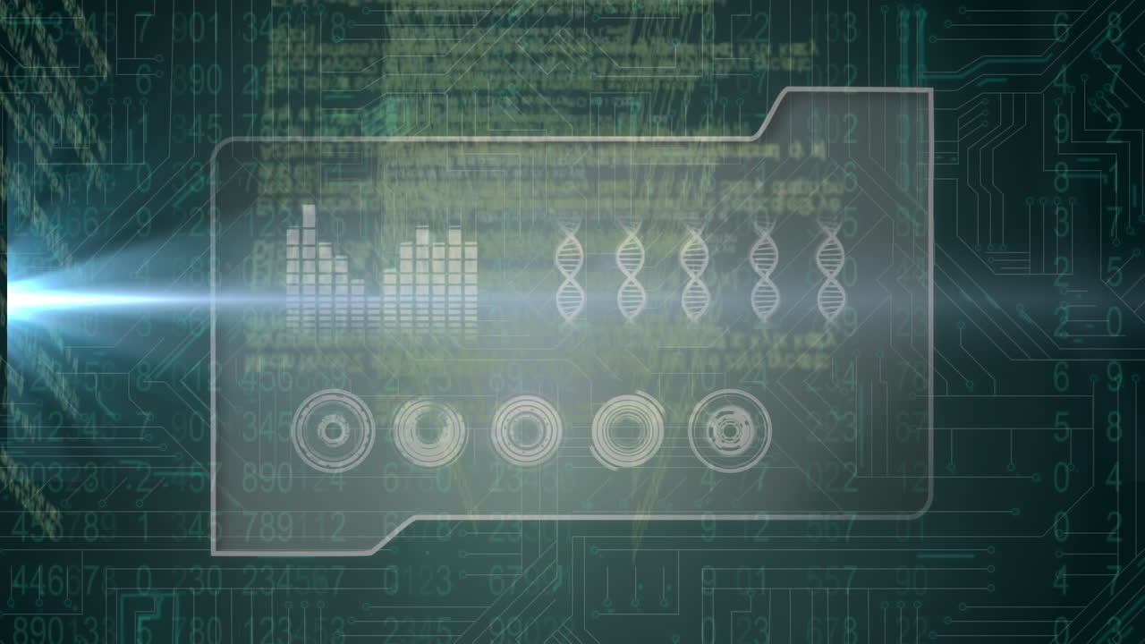 바이너리 코딩의 애니메이션, 빛나는 컴퓨터 회로판에서 데이터 처리