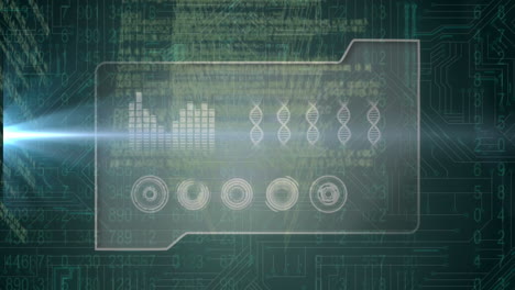 animation of binary coding, data processing over glowing computer circuit board