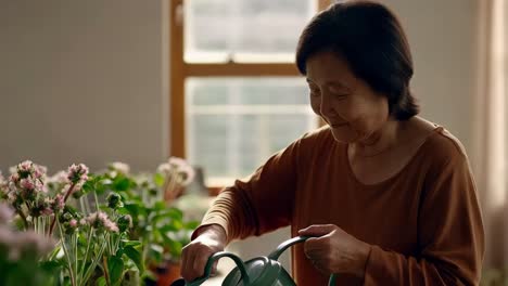 senior woman watering plants at home