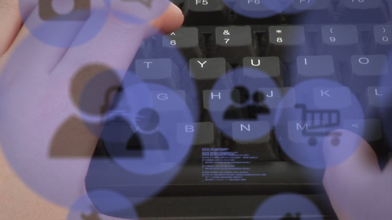 키보드에 타이핑하는 백인 남성 위의 기술 아이콘의 애니메이션