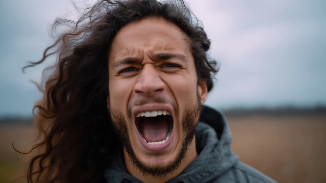 Un joven apasionado de pelo rizado expresa intensas emociones con un grito fuerte en un dramático telón de fondo al aire libre, transmitiendo pura energía humana.