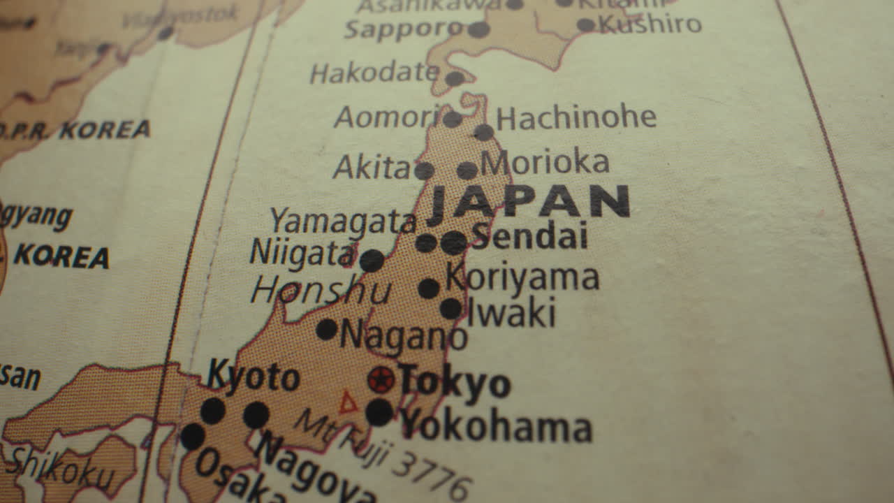 Close-up of a World Map Focusing on Japan