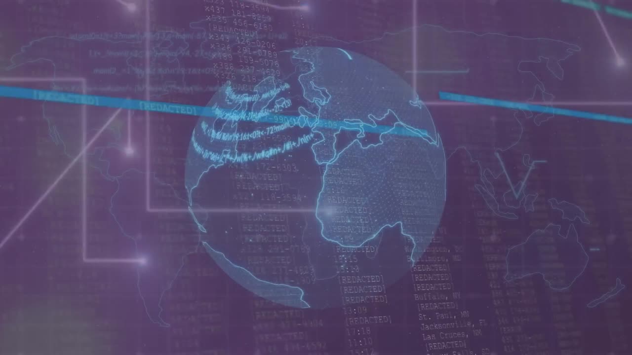 animación del lenguaje informático en el globo, las líneas, la interfaz informática sobre el mapa en el fondo