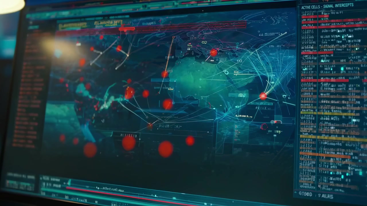 Male Analyst Working with Data on Multiple Screens in Dark Control Room