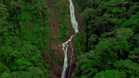 pan aerial shot of a tall waterfall in the dense costa rican jungle