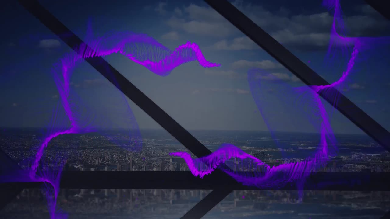 Animation of purple wave over cityscape
