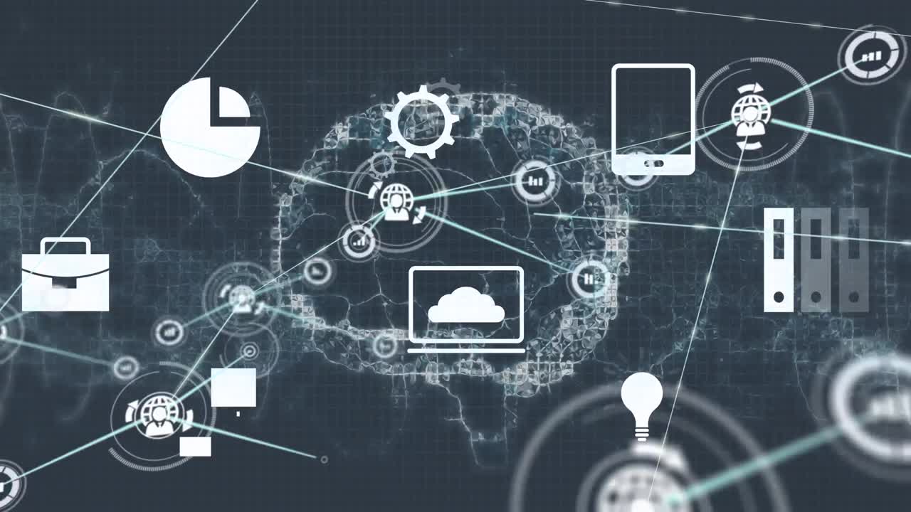 회전하는 디지털 뇌를 통해 여러 아이콘과 연결된 프로파일 아이콘의 애니메이션