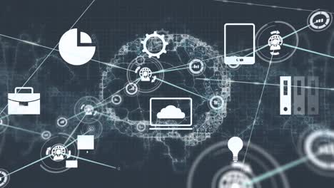 animation of multiple icons and connected profile icons over rotating digital brain