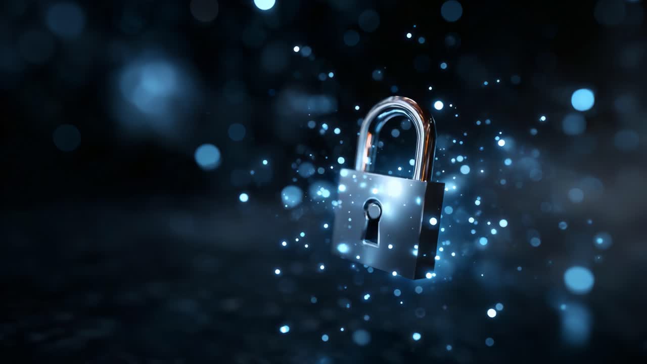 A Glimmering Digital Lock Shrouded in Sparkling Particles Representing Security and Protection in a Technological Dynamic Environment