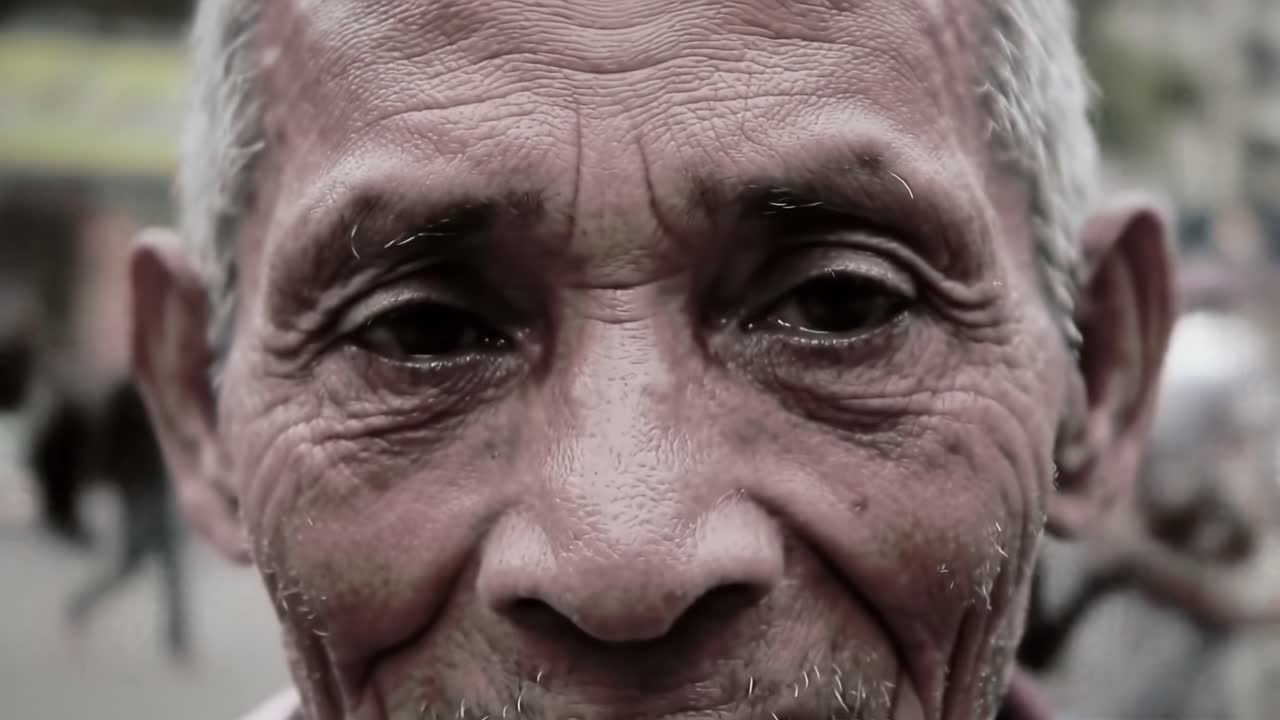 An elderly man smiles widely, showcasing the beauty of his weathered face. The vibrant energy of a market surrounds him, highlighting moments of connection and joy in daily life.