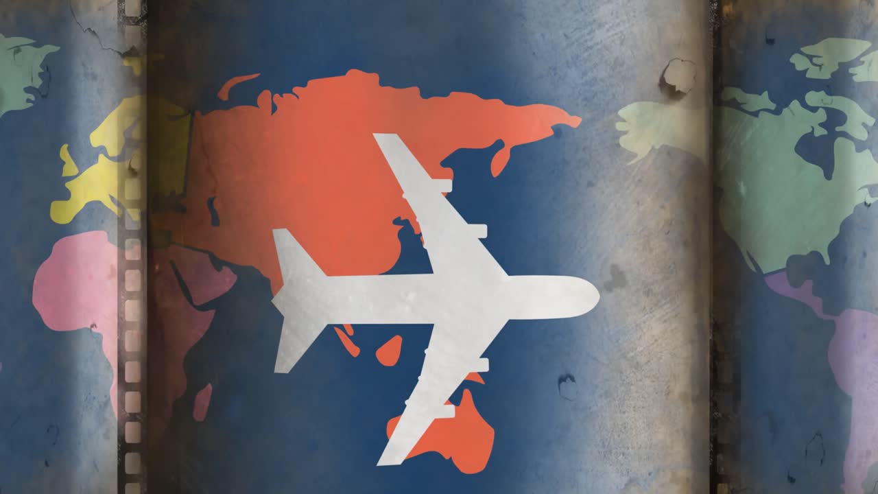 animación de un avión volando sobre el mapa del mundo