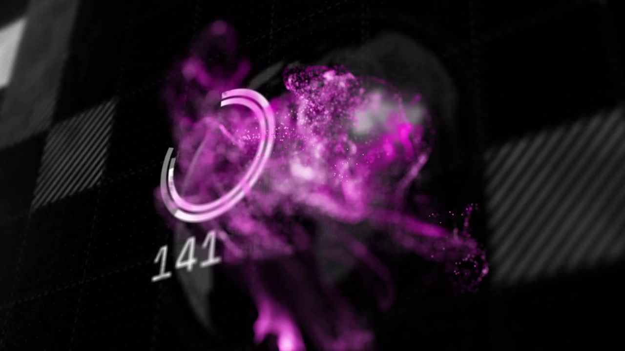 partículas púrpuras abstractas y animación de barra de progreso circular sobre fondo oscuro con el número 142