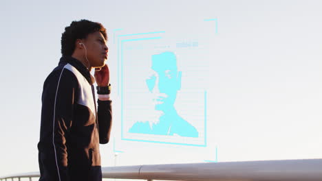 animación de procesamiento de datos sobre hombre afroamericano haciendo ejercicio en la orilla del mar