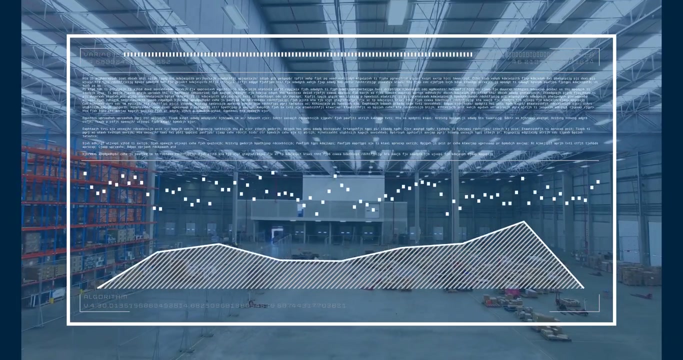 HUD overlay animating over warehouse, left curve appearing and filling hatched graph showing stock