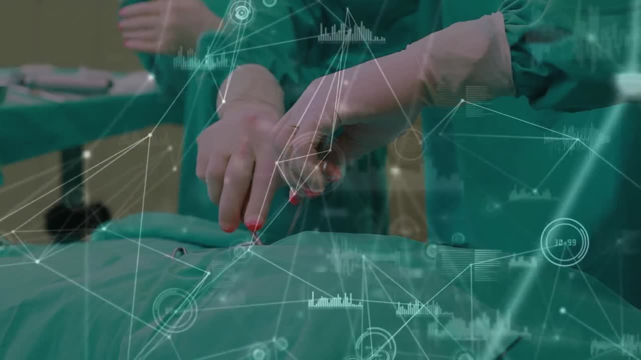 병원에서 수술을 하는 외과 의사 팀을 통한 연결 네트워크의 활성화