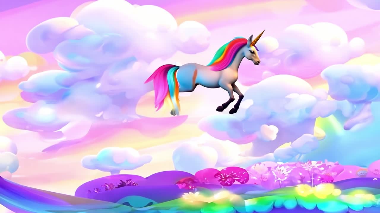 un unicornio mágico volando a través de un cielo arco iris