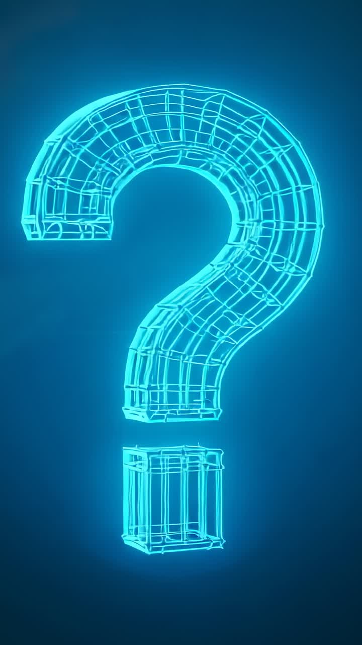 Vertical video: Rotating cyan question mark mesh forming exclamation in blue set, cube dot looping