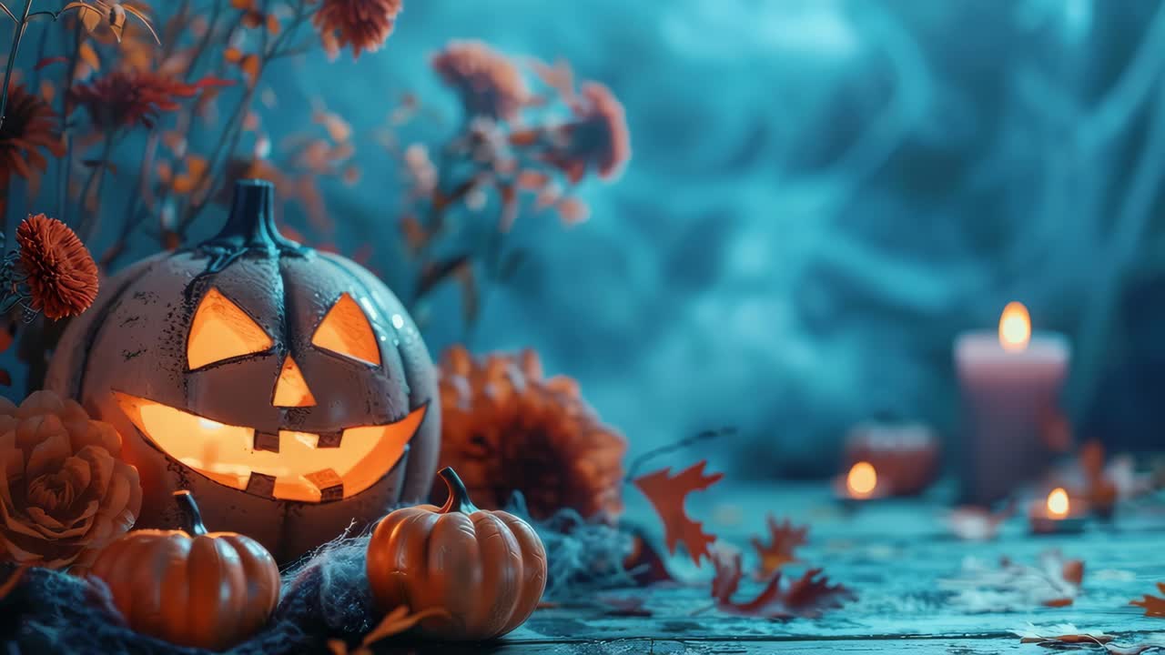 Scena spettrale di Halloween con zucche e candele luminose