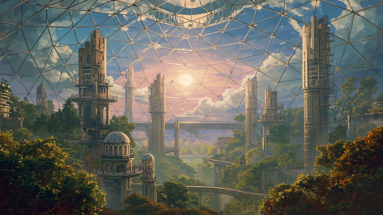 Shifting camera revealing cityscape under geodesic dome at sunset, bringing towers into focus