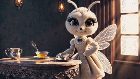 polite bee character wearing a dress and standing near a table with teacup and teapot in a vintage room with window light isolated on white