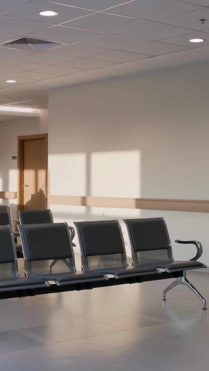 Video verticale: Telecamera in panoramica che mostra sedie collegate nella sala d'attesa di una clinica, rivelando posti vuoti.