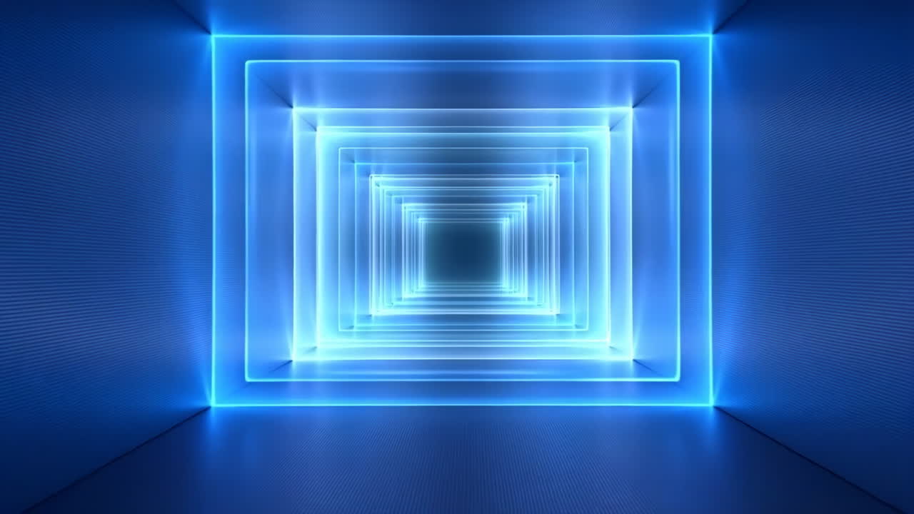 Abstract Blue Neon Light Tunnel with Geometric Squares