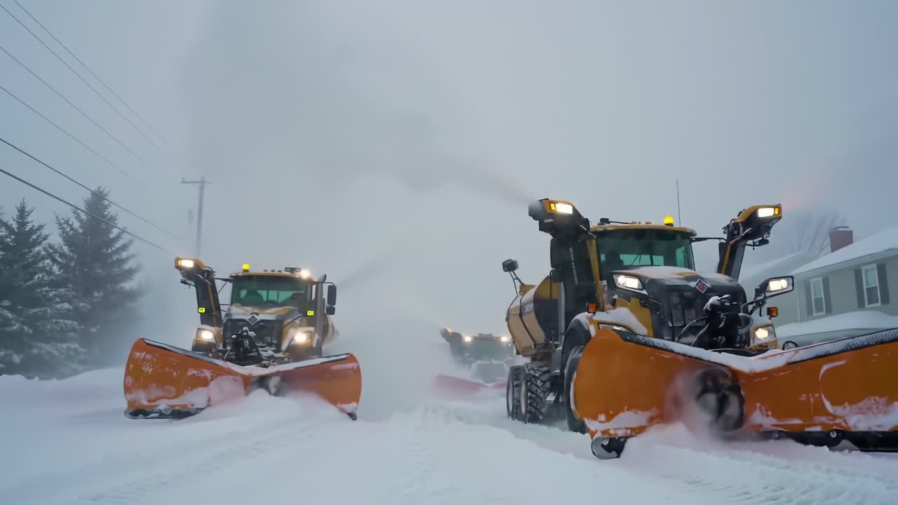 Dramatic Snow Removal: Powerful Snow Plows Battling Extreme Winter Conditions to Clear Roads and Ensure Safety Amidst Heavy Snowfall and Limited Visibility