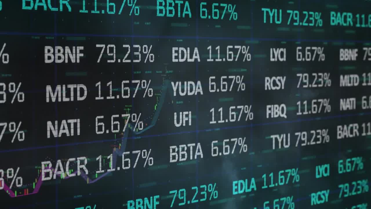 Animation of financial data processing over clouds and sky