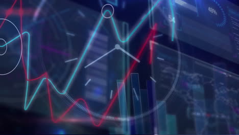 Animation-Von-Diagrammen,-Karten,-Handelstafeln,-Ladekreisen,-Wechselnden-Zahlen-Vor-Abstraktem-Hintergrund