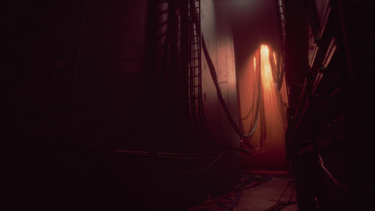 pasillo oscuro con cables y luz roja