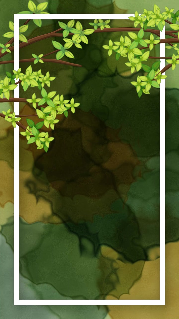 Green branches frame a white rectangular border over flowing abstract watercolor textures in vertical orientation.
