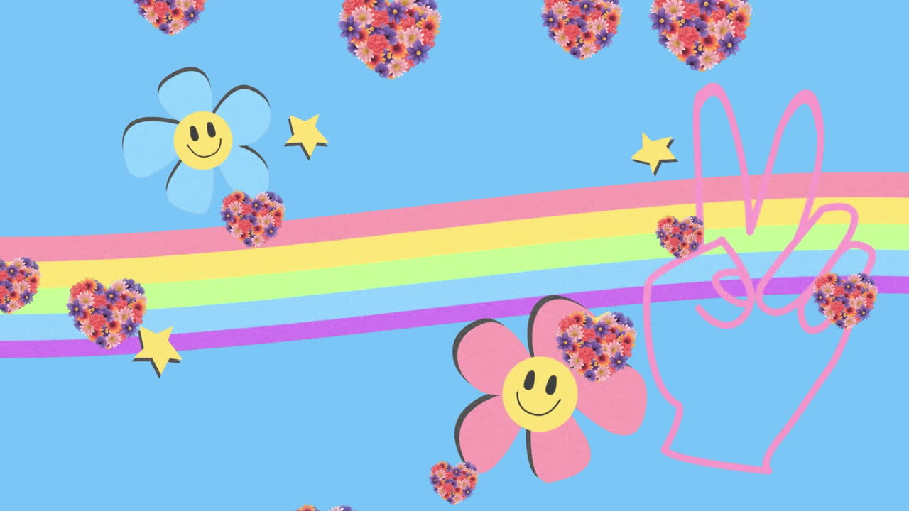 무지개 위에 떠다니는 꽃의 마음의 애니메이션, 평화 손 표시와 미소 얼굴 꽃, 파란색에