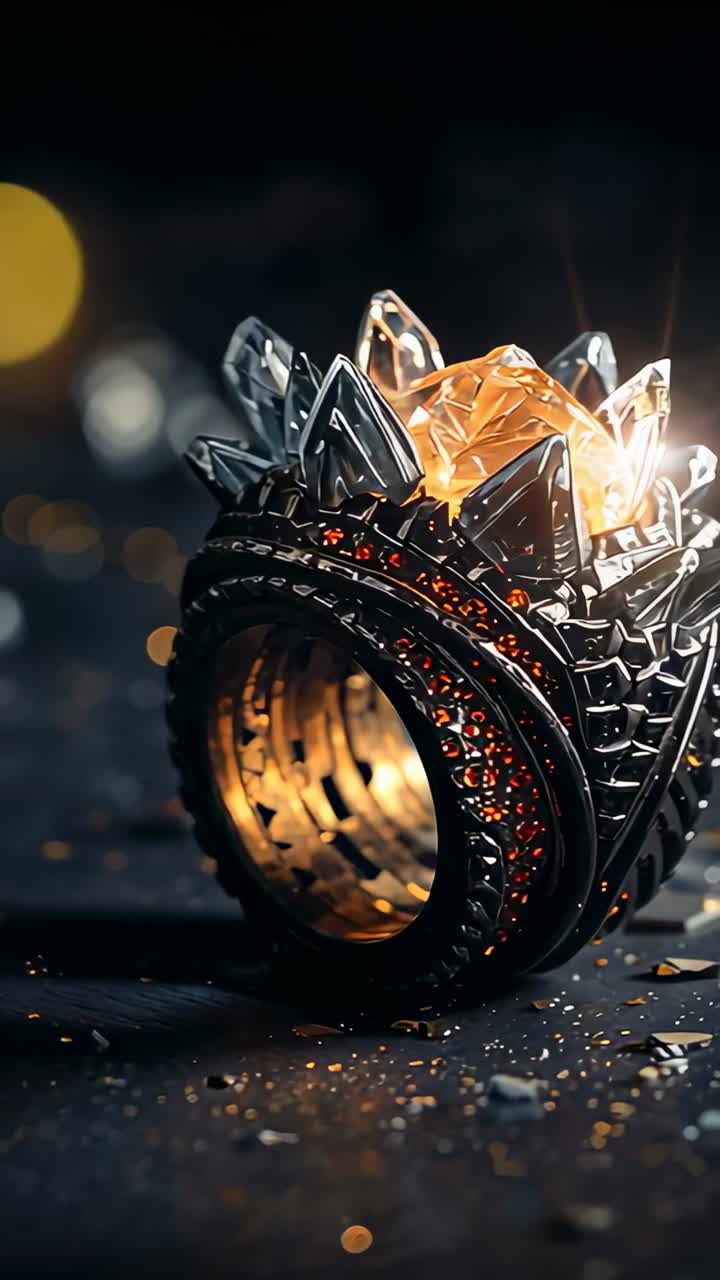 Vertical video: Focusing camera pushing in on crown ring on reflective table, showing amber gem