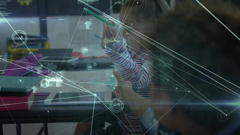 animation of network of connections and data processing over happy diverse schoolchildren