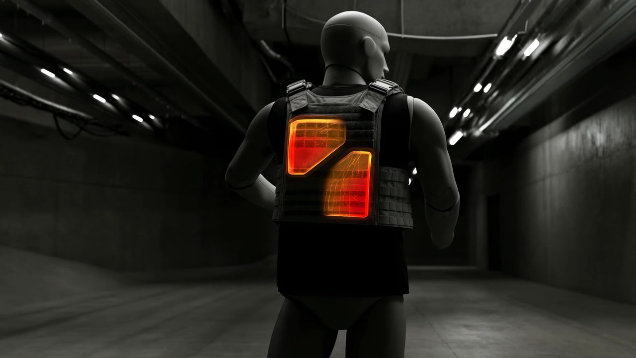 Person med refleksvest går ned en korridor, i en industriell eller kontorgang, med refleksvest, korridorvegger, med klesmateriale, metalliske veggoverflater tekstur, klare detaljer