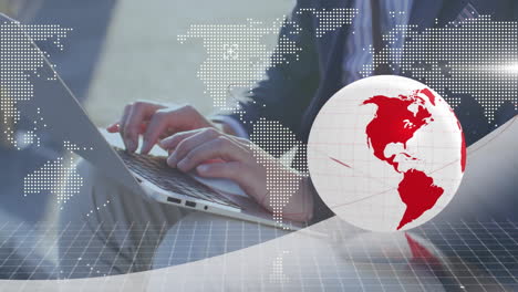 animation of world map and globe over caucasian businessman using laptop