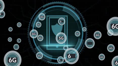múltiples textos de 5g y 6g flotando sobre texto de seguridad cibernética en un escáner redondo contra un fondo negro