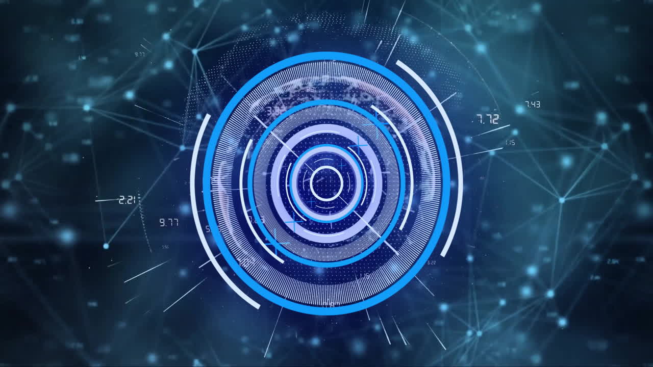 Digital data processing animation with circular interface over network connections background