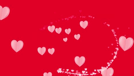 Animation-of-pink-hearts-icons-floating-on-red-background