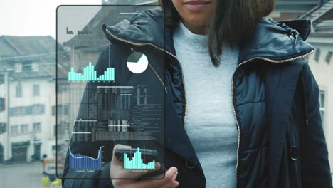 young trendy woman checks stock market prices and dates on her smartphone using a digital future hologram display screen