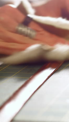 mid-section of craftswoman preparing leather belt