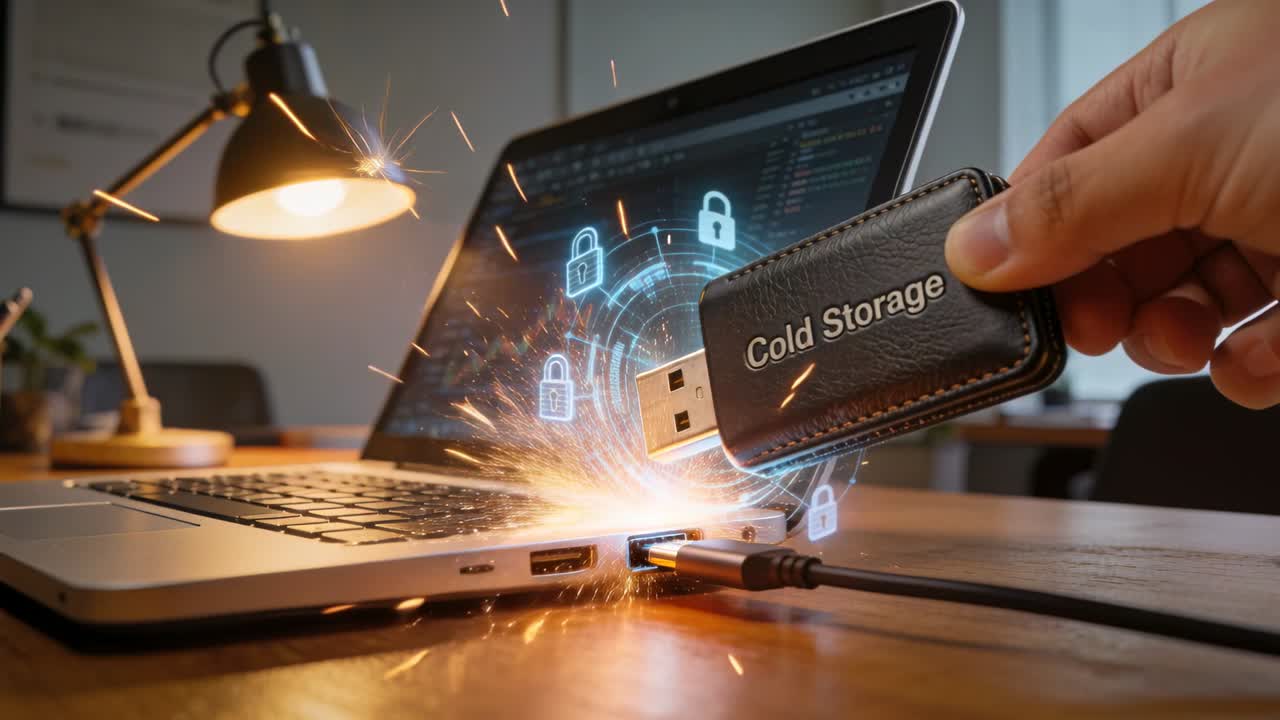 Inserting hand holding Cold Storage USB into laptop port at desk, sparking holo locks, copy space