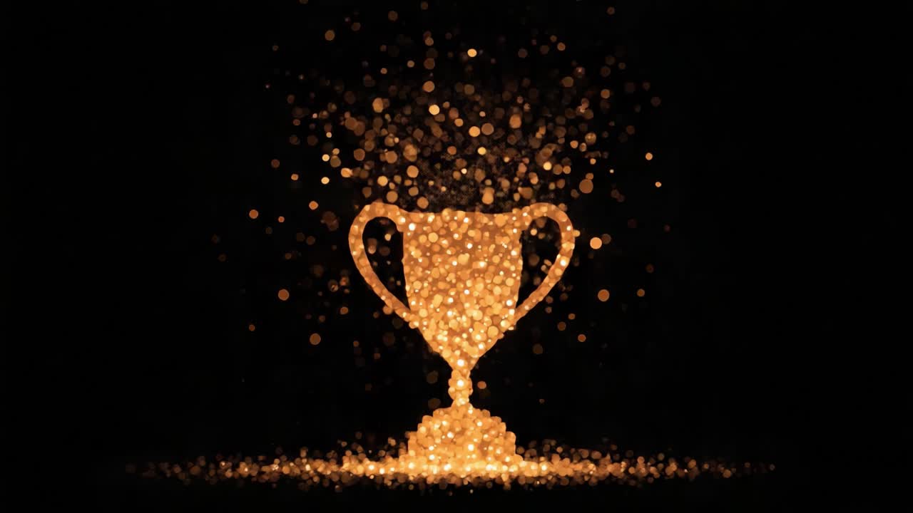 Glittering Golden Trophy Emerging from a Sea of Sparkling Particles, Symbolizing Achievement and Victory in Celebratory Context