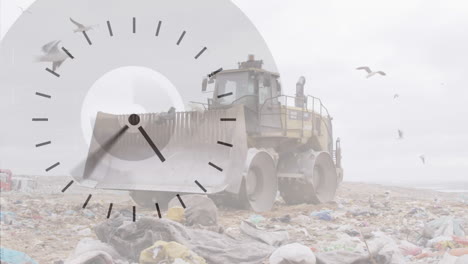 animation of clock moving fast over bulldozer in waste disposal site