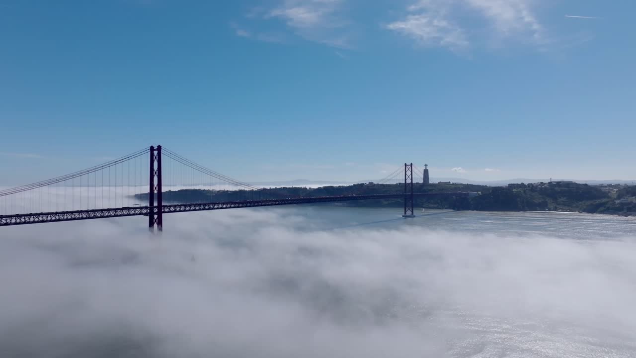 Drone shot of the haze over the river Tejo in Lisbon, Portugal.